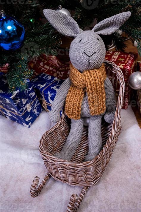 knitted elk. cute moose. toy against the background of a New Year