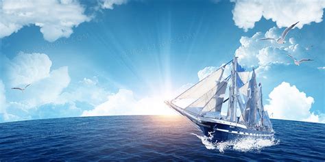 蓝色唯美航海日夕阳下的轮船纸船海洋原创海报背景插画素材免费下载 - 觅知网