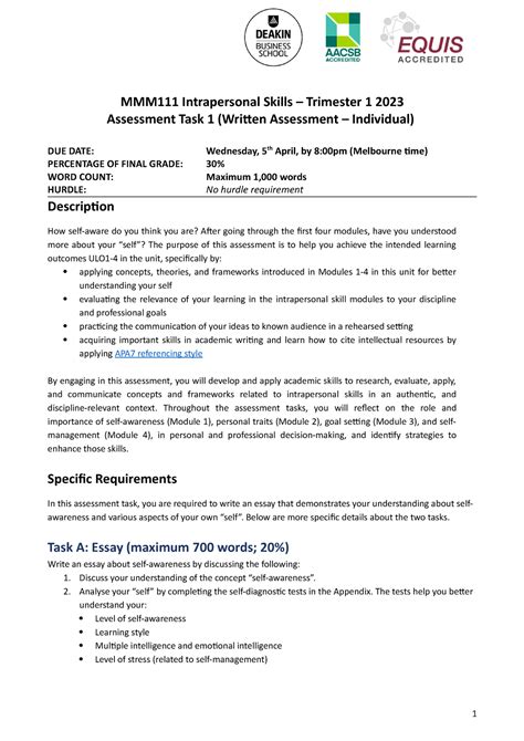 MMM111 T1 2023 Assessment 1 - MMM111 Intrapersonal Skills – Trimester 1 ...