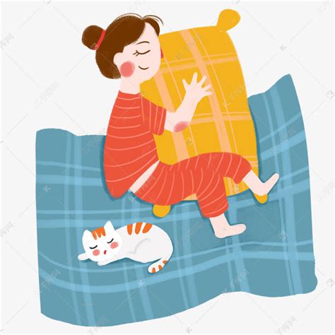 世界睡眠日卡通手绘抱着枕头的睡觉的女孩和宠物猫素材图片免费下载-千库网
