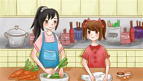 母亲节关爱女性帮妈妈做饭下厨切菜做饭插画图片-千库网