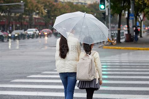 下雨天母女撑伞牵手过人行道背影高清图片下载-正版图片501811803-摄图网