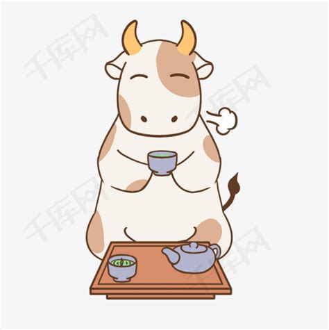 喝茶茶道放松可爱卡通传统日本新年牛剪贴画素材图片免费下载-千库网