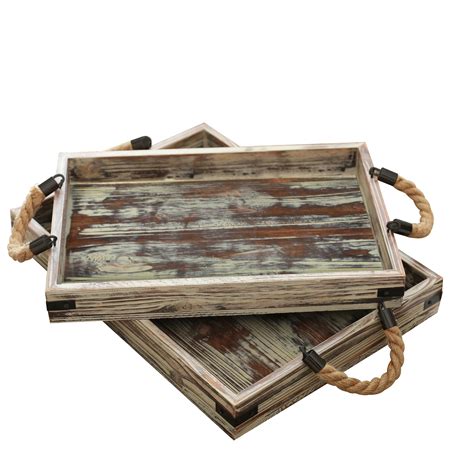 Country Rustic Wood Coffee Tray Set of 2 with Rope Handles / Breakfast ...