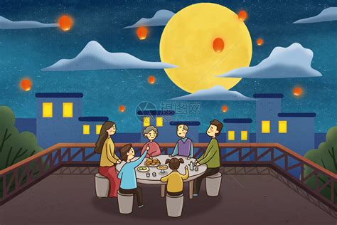 一家人赏月吃月饼中秋节插画,中秋节,节日素材,设计模板,汇图网www.huitu.com