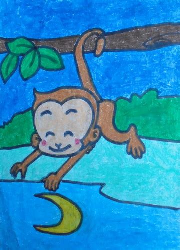 卡通手绘猴子捞月图片下载_红动中国