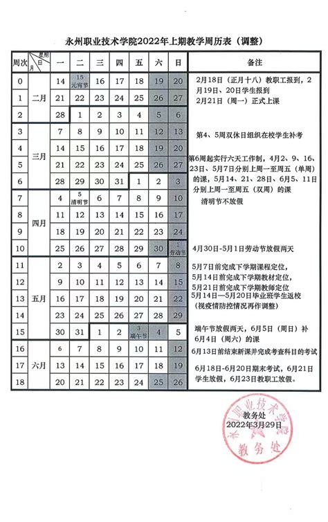 2022年上学期周历表（调整）-湖南永州职业技术学院教务处