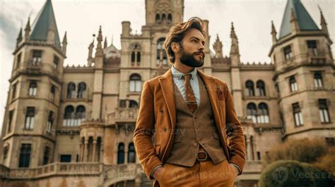 AI generated Well Dressed Man Standing in front of vintage castle ...