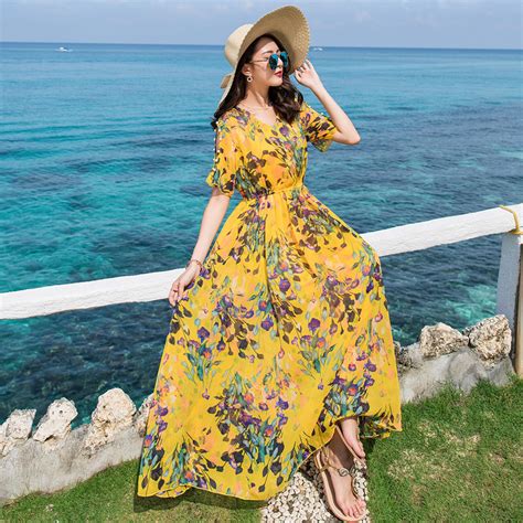 ebay欧美新款裹胸印花连衣裙海边度假长裙 8色8码 爆款实拍-阿里巴巴