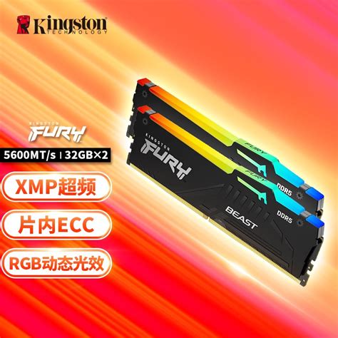 金士顿 (Kingston) FURY 64GB(32G×2)套装 DDR5 5600 台式机内存条 Beast野兽系列 RGB灯条 骇客神条 ...