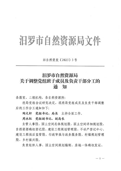 汨罗市自然资源局关于调整党组班子成员及负责干部分工的通知