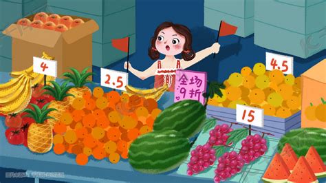 摆摊卖水果夜市市场插画图片-千库网