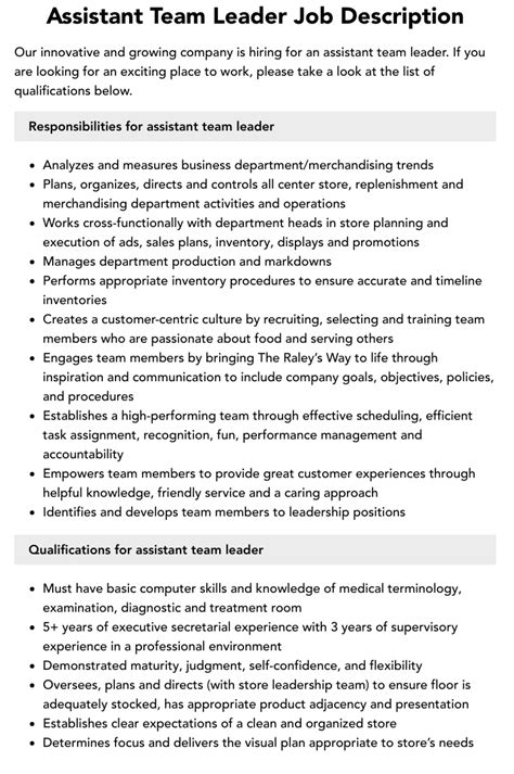 Assistant Team Leader Job Description | Velvet Jobs