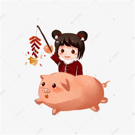 新年中国红可爱骑猪女孩手绘卡通png素材图片免费下载-千库网
