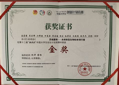 第十二届“挑战杯”中国大学生创业计划竞赛国奖证书、奖牌
