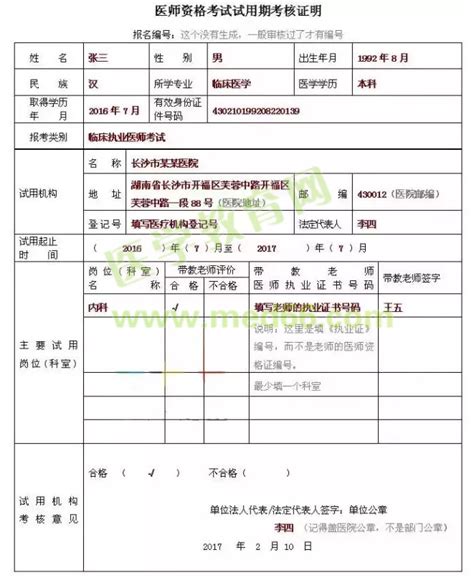 中医执业医师报名材料试用期考核证明表填写模板