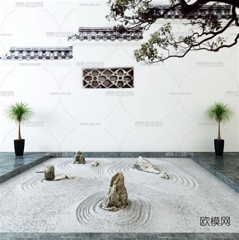 新中式石头盆栽马头墙园艺小品3d模型-免费3dmax模型库-欧模网