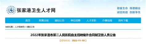 2022年江苏省苏州市张家港市第二人民医院自主招聘编外合同制卫技人员公告