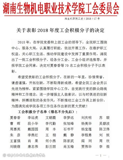 关于表彰2018年度工会积极分子的决定 - 工会委员会 -湖南生物机电职业技术学院