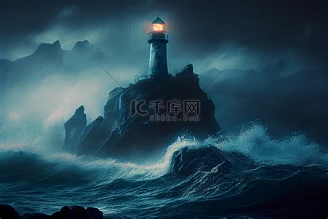 灯塔矗立在暴风雨和黑夜周围的岩石上高清摄影大图-千库网