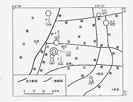 图1 菏泽5.9级地震震中附近主要断裂及历史地震震中分布图