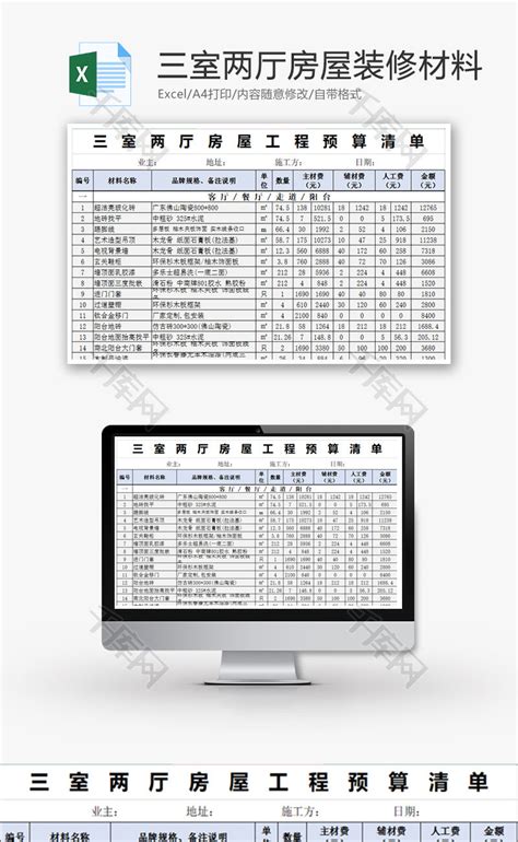 三室两厅房屋装修材料清单Excel模板_千库网(excelID：69337)
