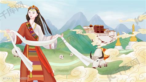 中国风少数民族藏族女孩人物海报背景插画图片-千库网