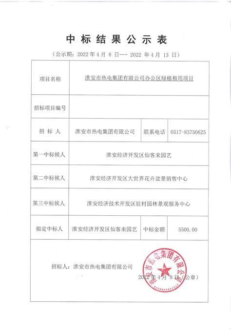 中标结果公示 - 公示公告 - 淮安市热电集团