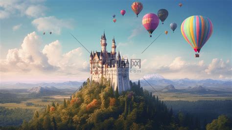 唯美的欧式气球城堡数字艺术插画图片-千库网