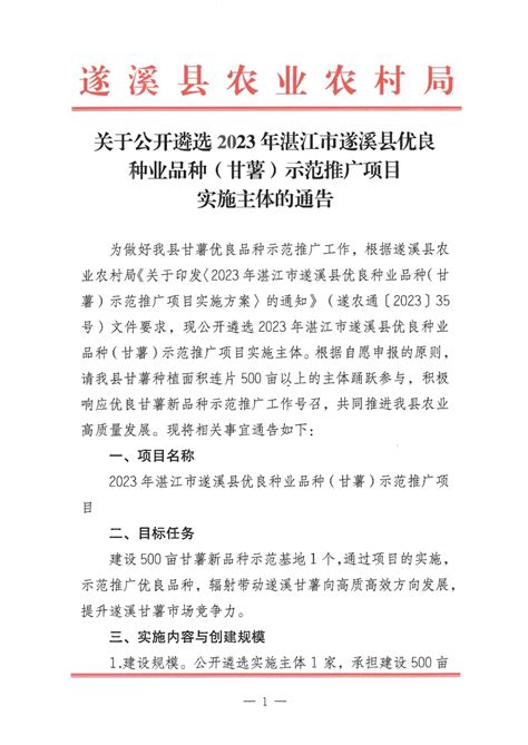 关于公开遴选2023年湛江市遂溪县优良种业品种（甘薯）示范推广项目实施主体的通告