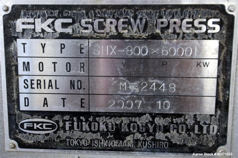 Used- FKC Screw Press, Model SHX-800X6000L, 316L