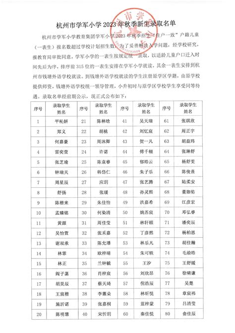 杭州市学军小学2023年秋季新生录取名单 - 杭州市学军小学