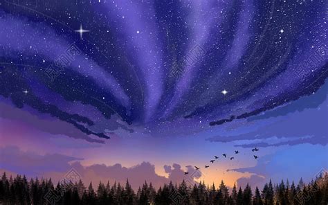 蓝紫色梦幻二次元唯美日系星地球空星空银河天空流星森林星星图片素材免费下载 - 觅知网