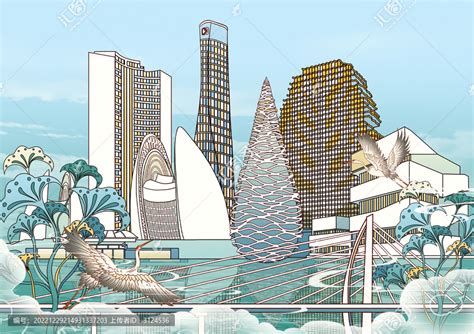 珠海城市地标建筑国风插画,建筑园林,设计素材,设计模板,汇图网www.huitu.com