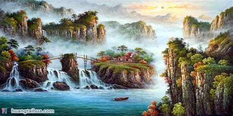太阳东升，千山万水高山瀑布风景-黄泰华画家网