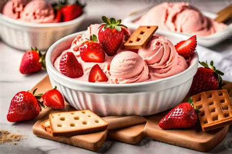 a bowl of strawberry ice cream with cookies and strawberries. AI ...