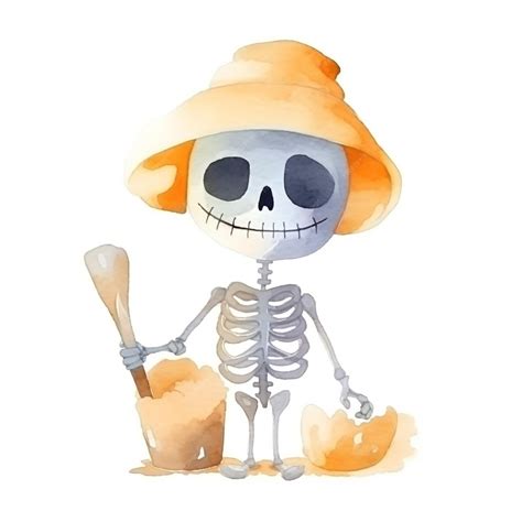 Un esqueleto con una pala y un sombrero en la cabeza sostiene una pala. | Foto Premium