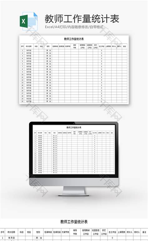 教师工作量统计表Excel模板_千库网(excelID：139600)