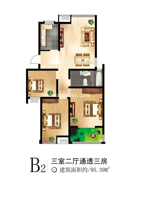 东方润景三期A1户型，东方润景三期2室2厅1卫0厨约96.00平米户型图，朝南北朝向 - 郑州安居客