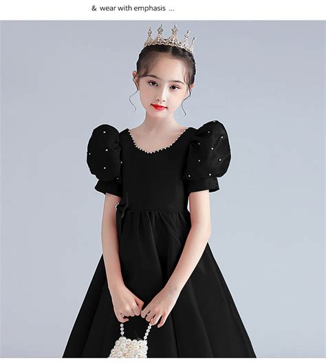 钢琴演奏礼服女童主持人礼服高贵洋气黑色晚礼服女孩演出服公主裙-阿里巴巴