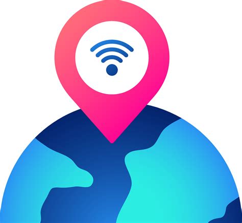 Wifi symbol location pin on earth globe icon in red and blue color ...