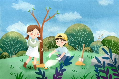 植树节种树的两个孩子插画图片下载-正版图片401678460-摄图网