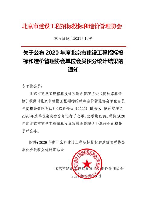 关于公布2020年度北京市建设工程招标投标和造价管理协会单位会员积分统计结果的通知