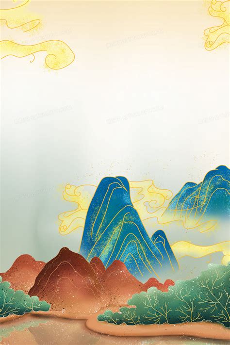 淡蓝中国风绿水墨山水海报背景插画素材免费下载 - 觅知网