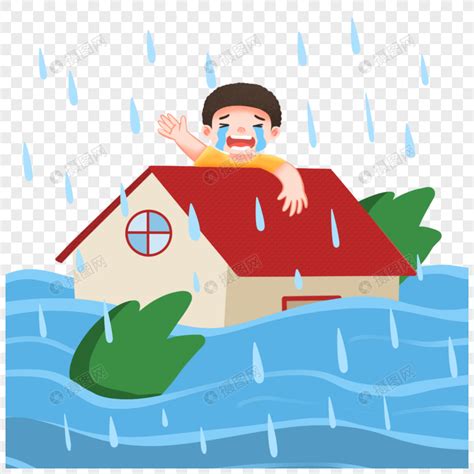 暴雨洪水中等待救援的女孩和狗狗插画图片下载-正版图片401757162-摄图网