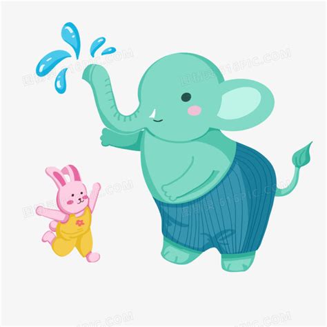 卡通手绘大象和小兔子玩水素材图片免费下载_PNG素材_编号vj9inl602_图精灵