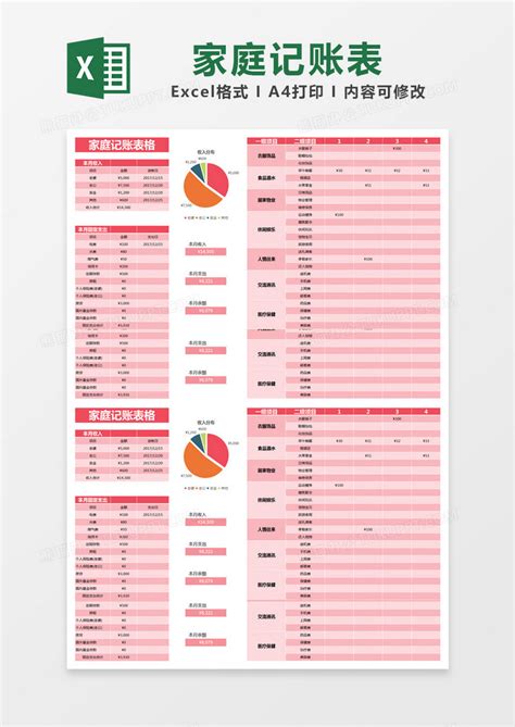 红色简约家庭记账表模版Excel模板下载_熊猫办公