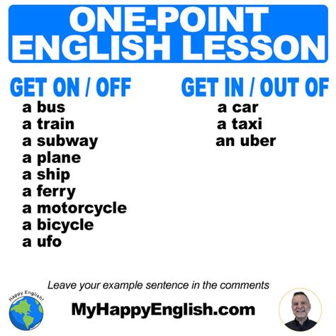 One Point English Lesson – Get on/in, Get off/out of | Happy English ...