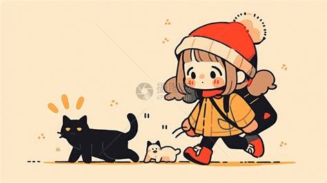 穿黄色上衣戴着帽子的可爱卡通女孩与宠物猫放学走路回家插画图片下载-正版图片402505377-摄图网