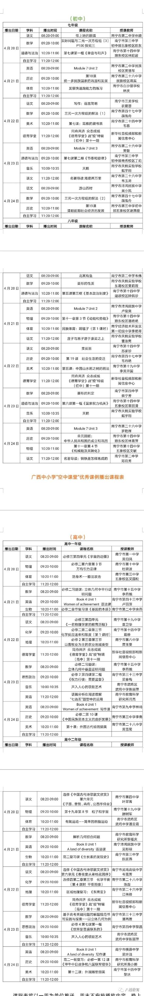 广西中小学“空中课堂”课程表完整版公布（4月20日-24日）